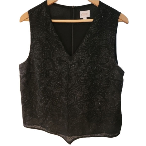 cleo Tops - Cleo 14 Black Vintage‎ V'd Sparkle Tank Top